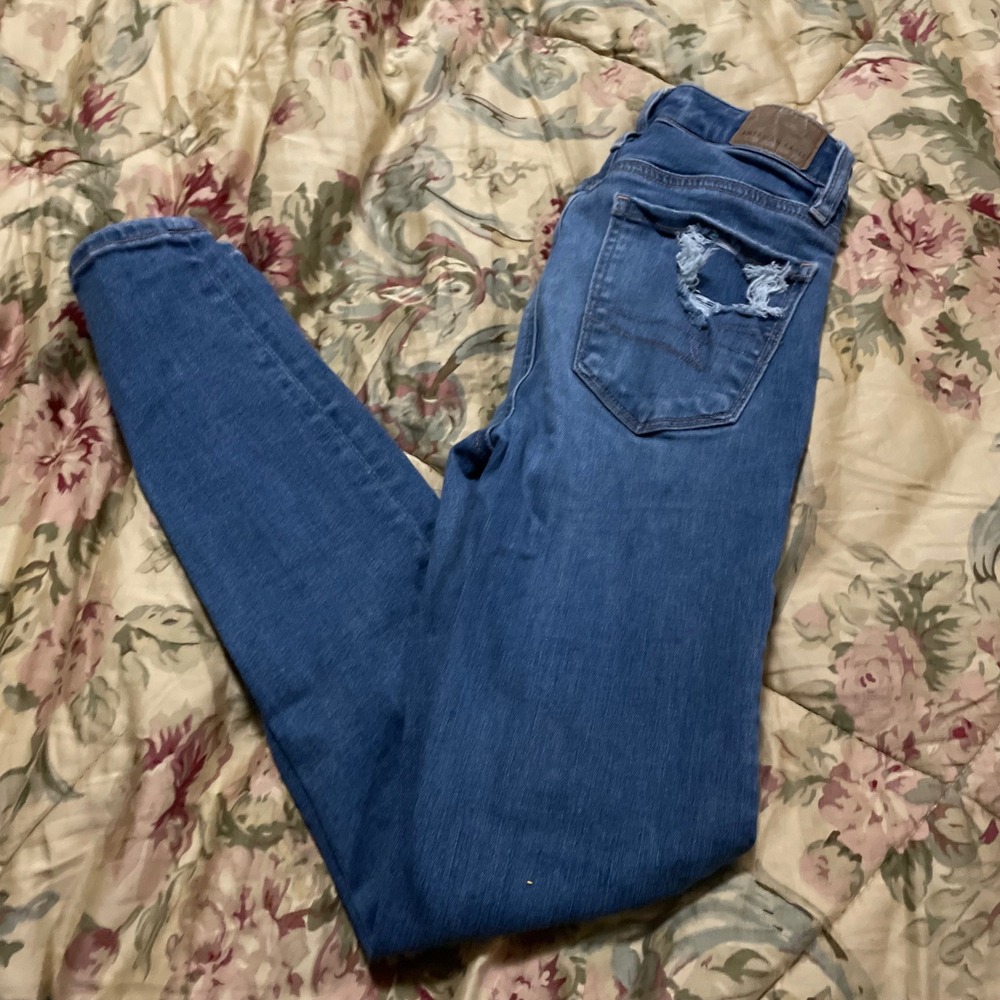 American Eagle Outfitters Womens Blue Hi‎ Rise Jegging Jeans Ripped Sz 000 short